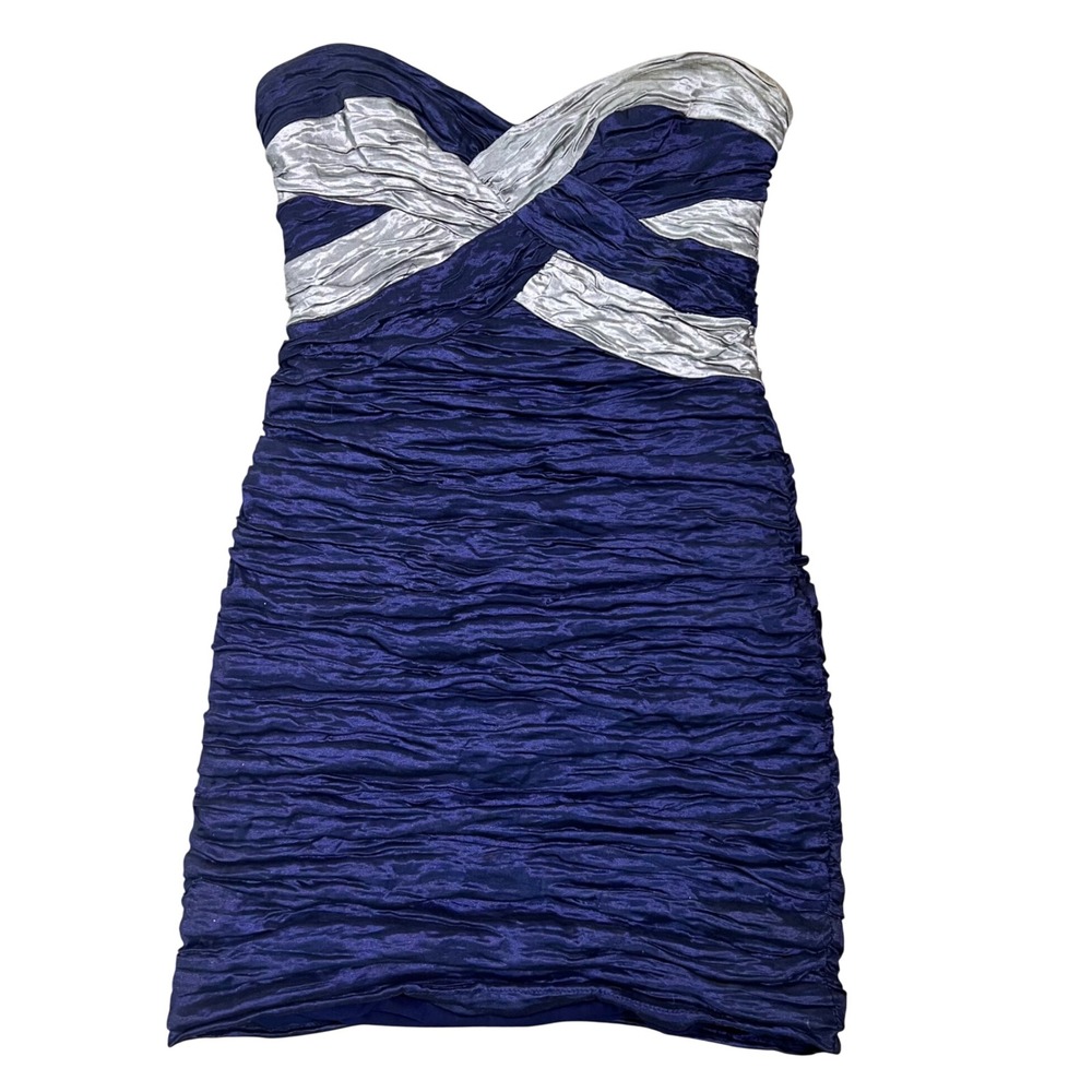 BCBGMAXAZRIA Womens Strapless Crinkle Mini Dress 4 Blue Silver Metallic Good